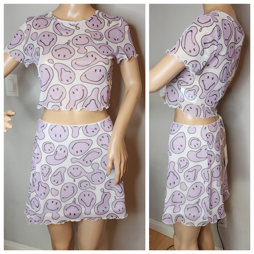 NWT H&M Smiley Purple White Mesh Stretch Mini‎ Skirt (Small) Crop Top (Medium)